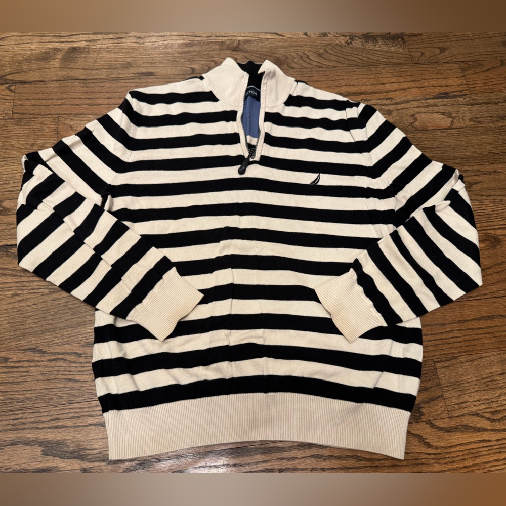Nautica Striped 1/4 Zip Sweater Black Cream Cotton Size M